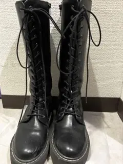 ブラックレザー ロングブーツ レースアップ　GU Lサイズ