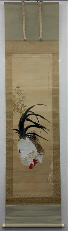 No6346掛軸　岡本桃里　「鶏図」　絹本　合箱/畳箱　日本画　古美術　送料無料 No6346掛軸 岡本桃里 「鶏図」 絹本 合箱/畳箱 日本画 古美術 送料無料