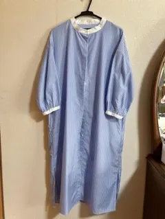 青と白のストライプ 七分袖シャツワンピース