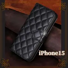 iphone15ケース 手帳型 携帯ケース キルティング ブラック 収納 新品