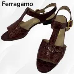 フェラガモ クロコ型押し サンダル Tストラップ 茶 6 1/2 ゴールド金具