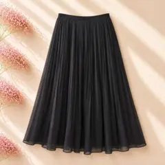 【ユニクロ】美品✨シフォンプリーツ ロングスカート 黒.L 軽量 ウエストゴム