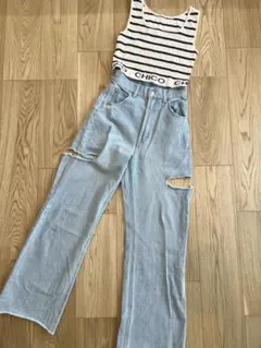 Chico タンクトップ＋サイドスリットデニムパンツ　2点セット