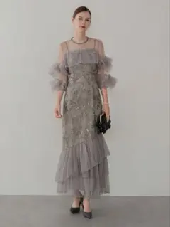 フラワースパンコールチュールフリルスリーブIラインワンピースドレス結婚式二次会