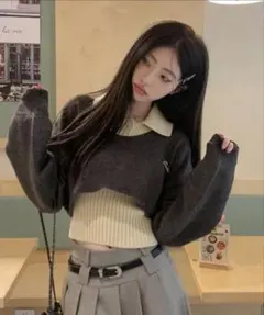 二点セット　ショート丈ダメージニット+インナー