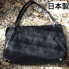 ベルモサ日本製ブラック布製葉模様トートバッグ