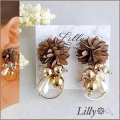 #895 大ぶり/花/ゴールド/ビーズ/揺れる/ハンドメイド/フープピアス