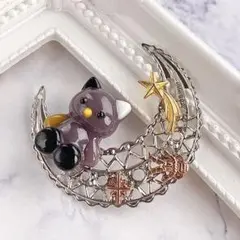 ネックレス　三日月　ネコ　ねこ　猫　大ぶり　宇宙　月　アニマル　レジン　一点物