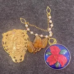 主役級 ヴィンテージブローチ 等 4点｜七宝調 花 ゴールド アンバー調 パール