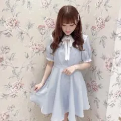 evelyn 水色チェック ハシゴレースチェックOP 半袖ワンピース リボン
