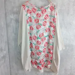 【Live in comfort】花柄チュニック丈トップス　ピンク×ベージュ　Lのサムネイル