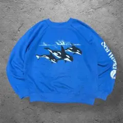 90s SeaWorld シャチプリント スウェット 袖ロゴ Y2K ブルー