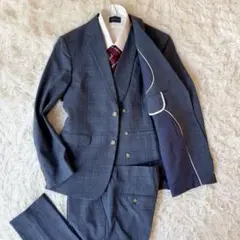 3ピース⭐︎セットアップスーツ グレンチェック ネイビーブルー L相当