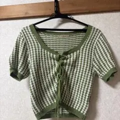 グリーン ホワイト ボーダー レースアップ 半袖 ニット RETRO Girlのサムネイル