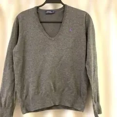 POLO RALPH LAUREN VネックグレーニットS パープル刺繍
