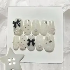 ネイルチップ つけ爪 韓国 レース ドット リボン 星 ガーリー バレエコア