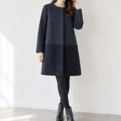 【美品】エストネーション ビス ミドル丈 ノーカラーコート 切替 モヘア風 38