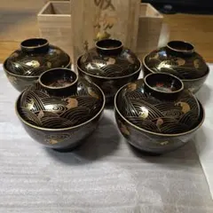 【未使用】 吸物お椀　10客　まとめ　会津塗　松蒔絵　松　お椀　蓋付き　黒 未使用】 吸物お椀 10客 まとめ 会津塗 松蒔絵 松 お椀 蓋付き 黒