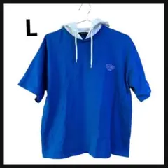 JUNK系ロゴ フード付きTシャツ 半袖 ブルー×ホワイト L 綿100%