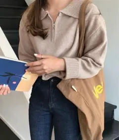ベージュ ジッパー付き ニットセーター