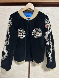 【90s ヴィンテージ】龍 刺繍 リバーシブル スカジャン 黒別珍×青サテン