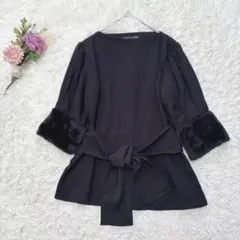 ザラウーマン ファー付きペプラムトップス 七分袖 ウエストリボン 黒 EURXS