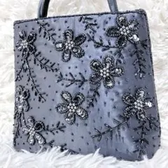 新品 ビーズ刺繍 フラワー ミニバッグ パーティー 結婚式 ネイビー サテン