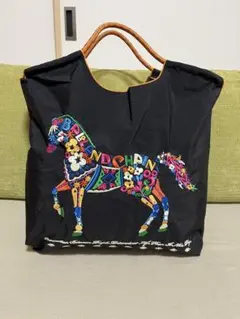 馬の刺繍エコバッグ 　軽量＆撥水　ブラック　Mサイズ
