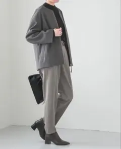 GLOBAL WORK 軽やかストレッチミドルコートMサイズ　グレー千鳥15