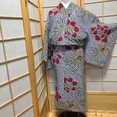 有松鳴海絞り 浴衣 菱に花柄 総絞り 紺地 身丈154 裄65 居敷当て肩当て