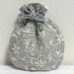 【値下げ不可】ハンドメイド 丸型 ミニ 巾着袋 巾着 ポーチ 花柄 刺繍 グレー