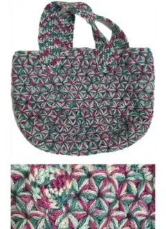 ハンドメイド ミニ　ニット　トートバッグ 毛糸ピンク グリーンお弁当バッグ編み物