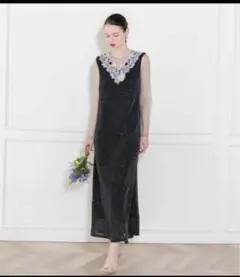 LEJA レースネック透け袖 スリットキラキラロングドレスワンピース FREE