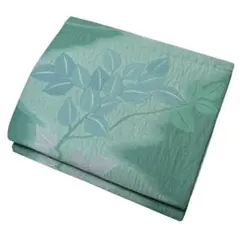 ユ77名古屋帯 膨れ　花柄　緑　合織　着物帯　仕立て上り