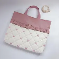レッスンバッグ　リボン　刺繍生地　ポリエステル　格子　キルト　りぼん