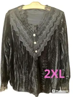 レースVネック長袖ブラウス 2XL ブラック パールボタン