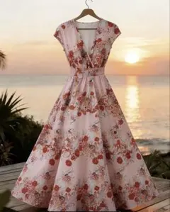 ピンク花柄カシュクールワンピース Lサイズ ロング丈 フレア 体型カバー 春夏