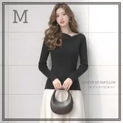 セゾンドパピヨン黒 M イレギュラーネック ニット プルオーバー カットソー Ⅲのサムネイル