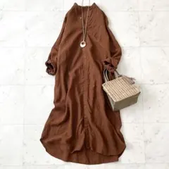 美品♪ネストローブ　リネン　日本製　ワンピース　マキシ丈　バンドカラー　ゆったり