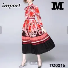 【美品】インポート　ボウタイリボン　総柄　プリーツ　ロングワンピース　M サイズ