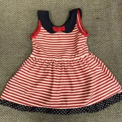 ファミリア　ベビー水着 90 女の子 マリン　赤と白ストライプ リボン