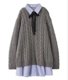 【一度着用】LILLIAN CARATケーブルニット＆シャツミニワンピースセット