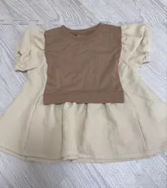 ミラーベイ　95センチ　チュニック ワンピース ベージュ ブラウン パフスリーブ