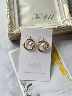 No.411 ゴールドツイストフープコットンパール ハンドメイドイヤリングピアス
