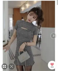 ダーリッチ　リボンシャーリングギンガムミニワンピース BLK FREE