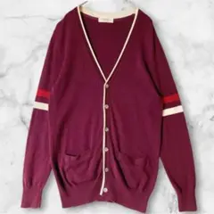 バックナンバー ライン柄 カーディガン Vネック 長袖 M ボルドー 綿混のサムネイル