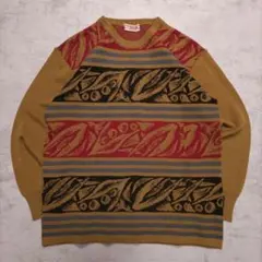 Vintage メンズ 長袖デザインニット セーター リーフ マスタード 個性的