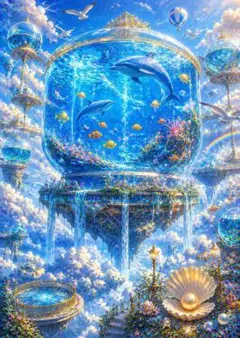 182【空に浮かぶ幻想水族館】幸運を運ぶイルカの楽園 デジタルアート