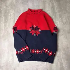 OLD GAP スノー柄 雪 ロールネック コットンニット L レッド ネイビー