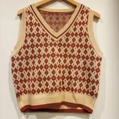 【美品】ニットベスト 総柄 幾何学模様 アーガイル調 レトロ オレンジ ベージュ